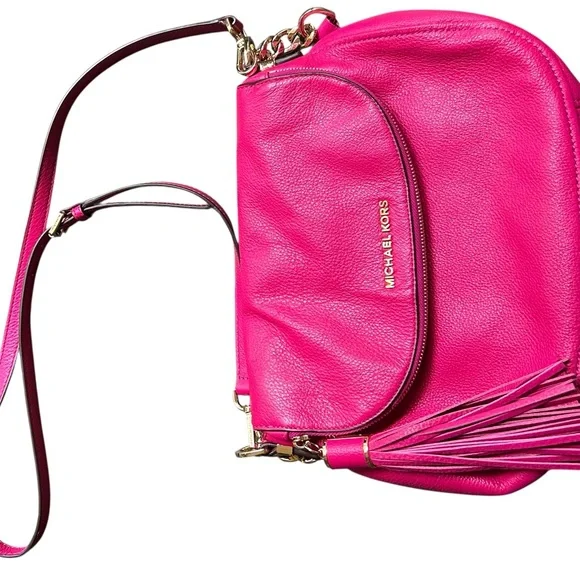 MICHAEL KORS BEDFORD TASSEL FUSCHIA PEBBLE LEATHER FLAP SHOULDER BAG CROSSBODY - Picture 4 of 16